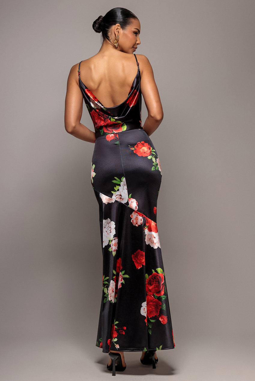 Floral Print Satin Cowl Neck Maxi Dress - Black DR5191
