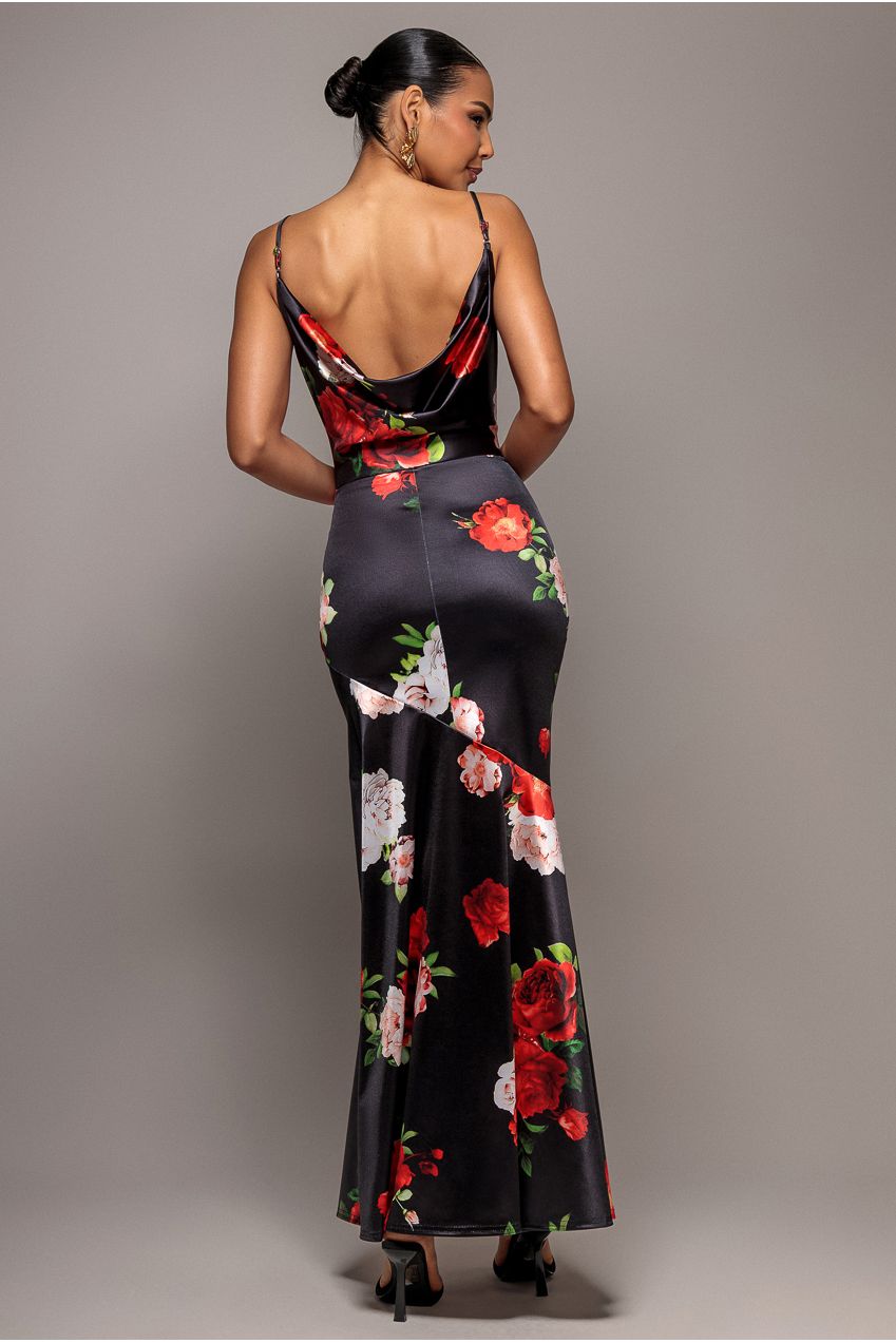 Floral Print Satin Cowl Neck Maxi Dress - Black DR5191