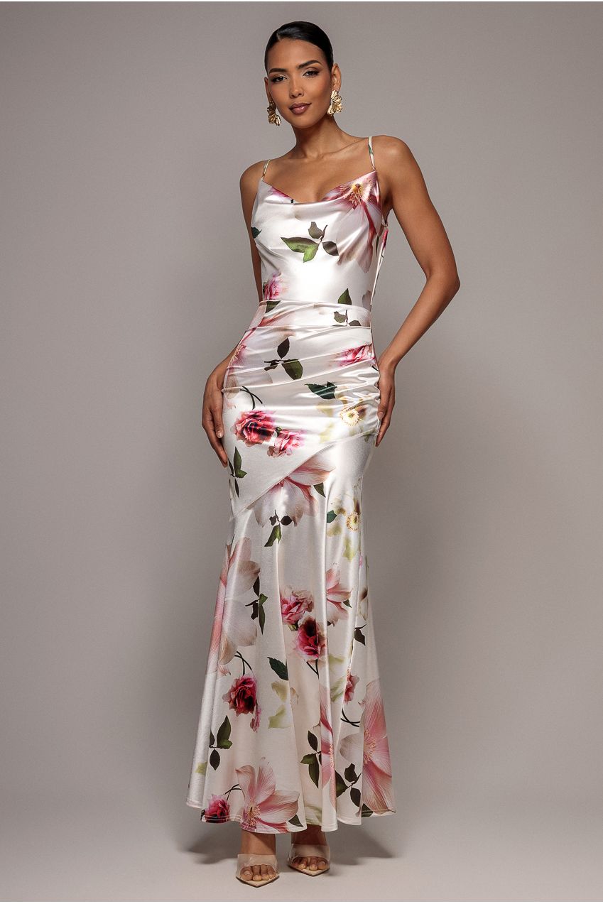 Floral Print Satin Cowl Neck Maxi Dress - Cream DR5191
