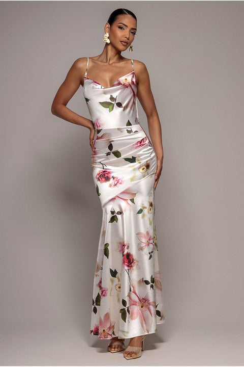 Floral Print Satin Cowl Neck Maxi Dress - Cream by Goddiva