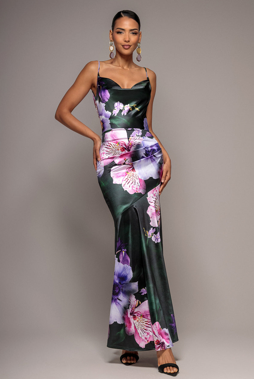 Floral Print Satin Cowl Neck Maxi Dress - Emerald Green | Goddiva Floral Print Satin Cowl Neck Maxi Dress - Emerald Green | Goddiva