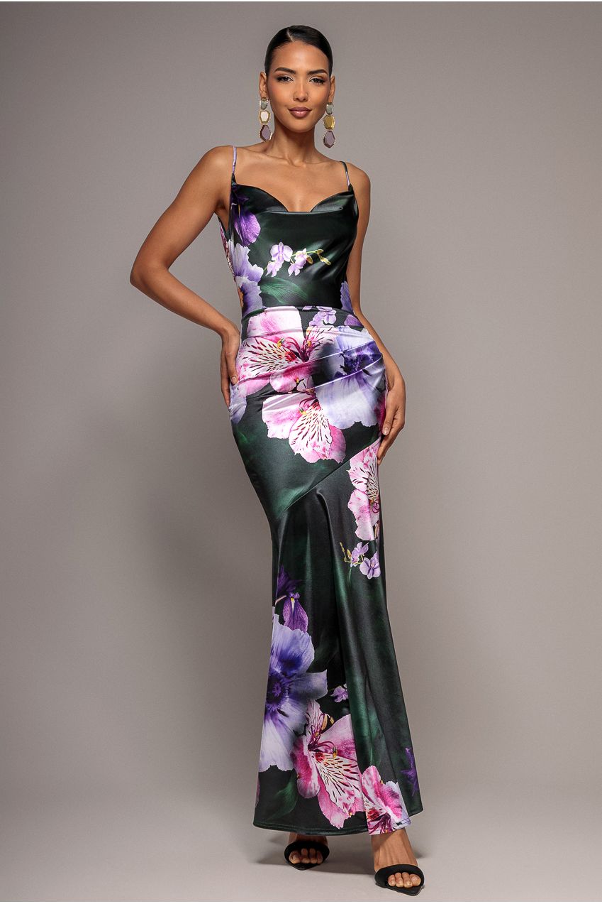 Floral Print Satin Cowl Neck Maxi Dress - Emerald Green DR5191