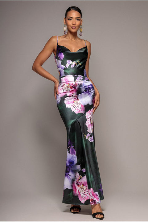 Floral Print Satin Cowl Neck Maxi Dress - Emerald Green by Goddiva