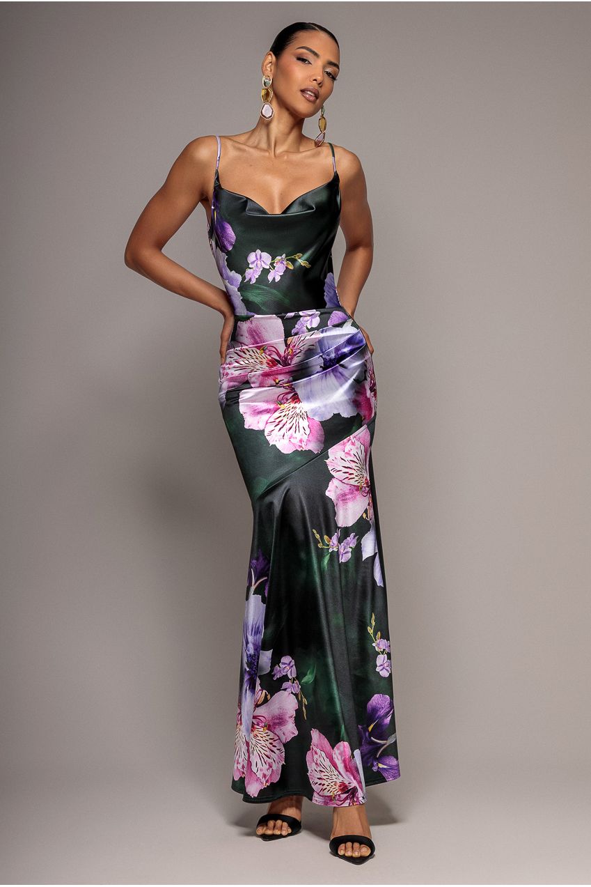 Floral Print Satin Cowl Neck Maxi Dress - Emerald Green DR5191