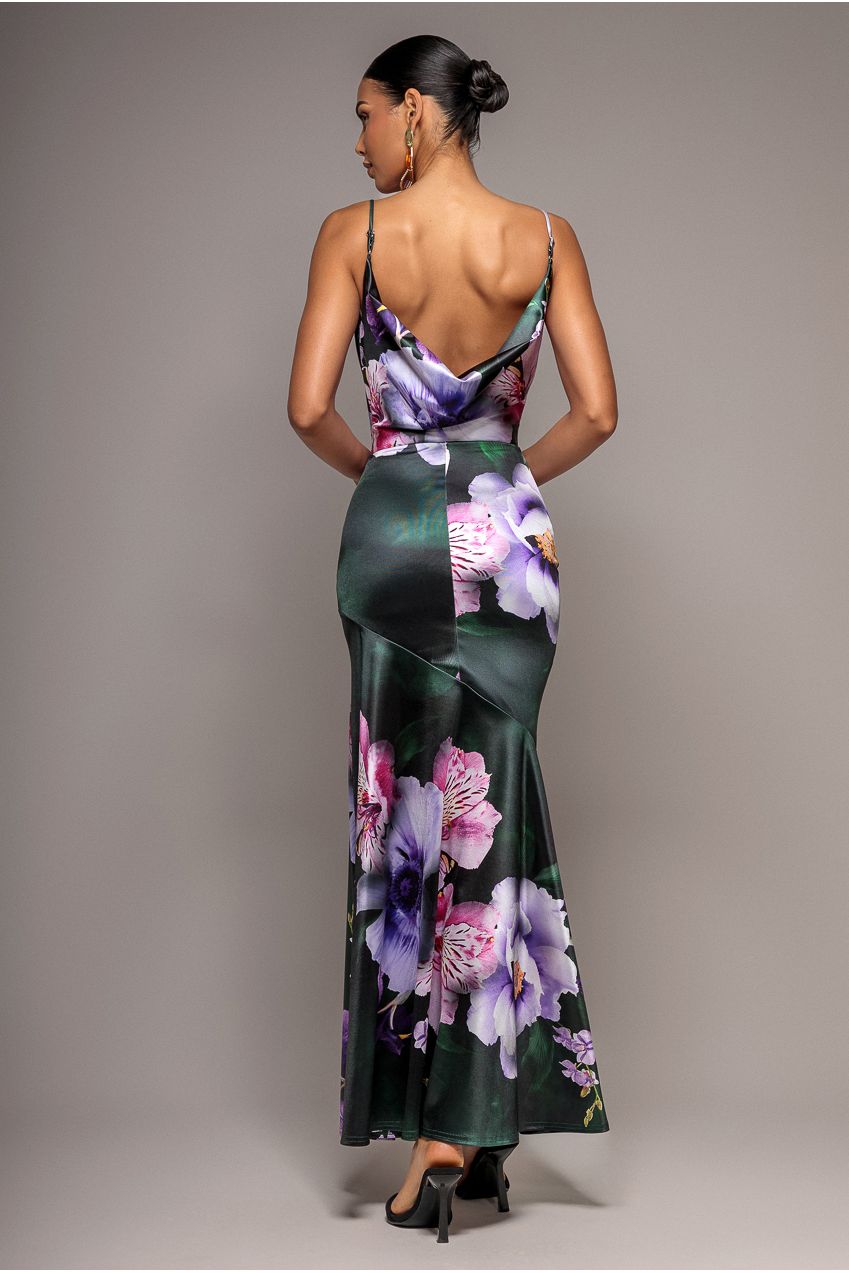 Floral Print Satin Cowl Neck Maxi Dress - Emerald Green DR5191