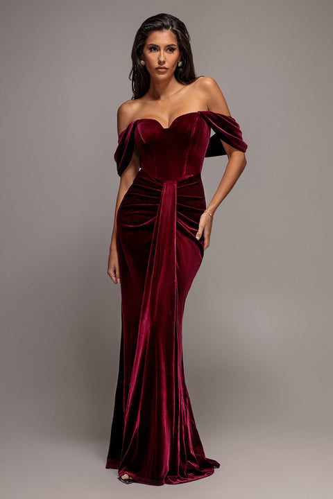 Off Shoulder Bardot Draped Velvet Maxi Dress - Burgundy by Goddiva
