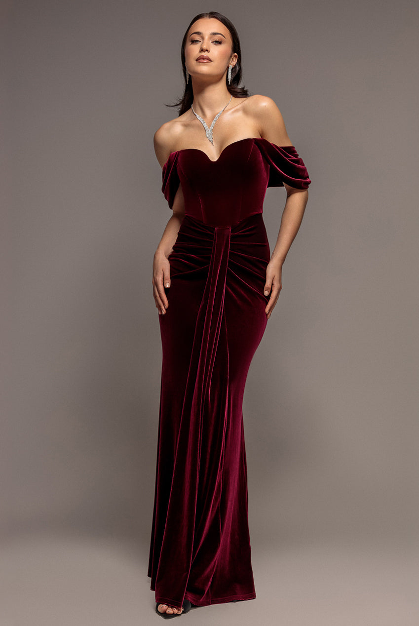 Off Shoulder Bardot Draped Velvet Maxi Dress - Burgundy DR5194