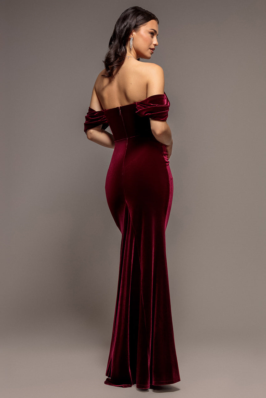 Off Shoulder Bardot Draped Velvet Maxi Dress - Burgundy DR5194