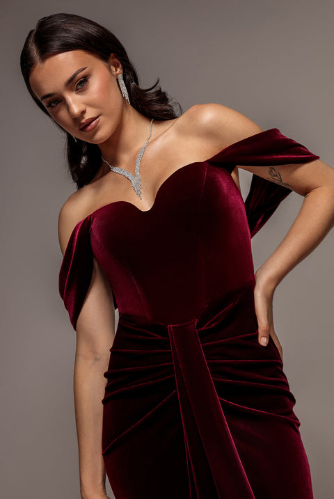 Off Shoulder Bardot Draped Velvet Maxi Dress - Burgundy by Goddiva