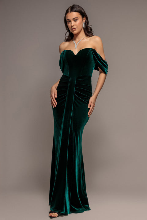 Off Shoulder Bardot Draped Velvet Maxi Dress - Emerald Green by Goddiva