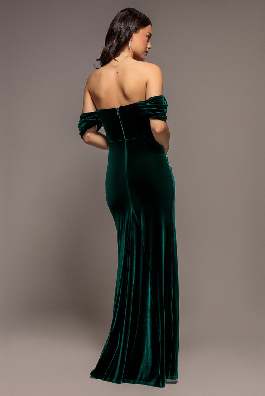 Off Shoulder Bardot Draped Velvet Maxi Dress - Emerald Green DR5194