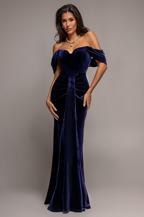 Off Shoulder Bardot Draped Velvet Maxi Dress - Indigo by Goddiva