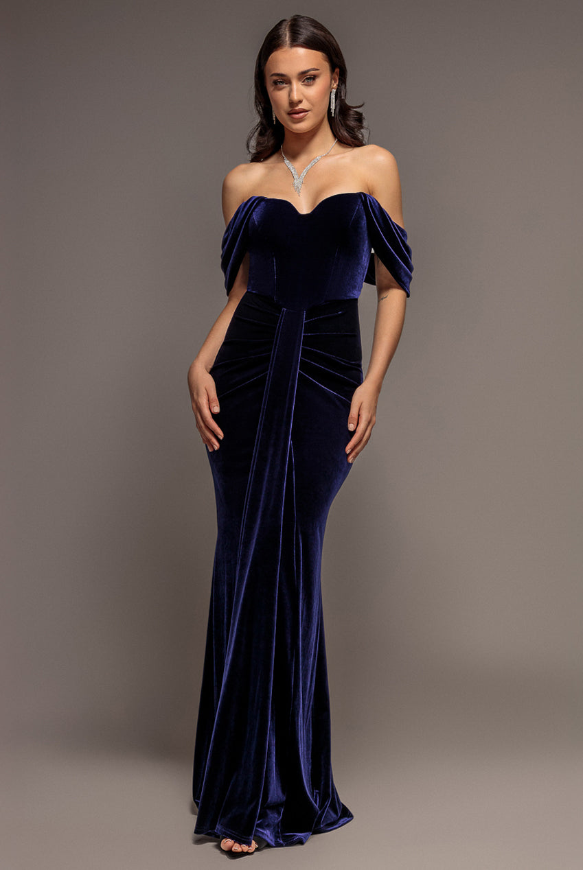 Off Shoulder Bardot Draped Velvet Maxi Dress - Indigo DR5194