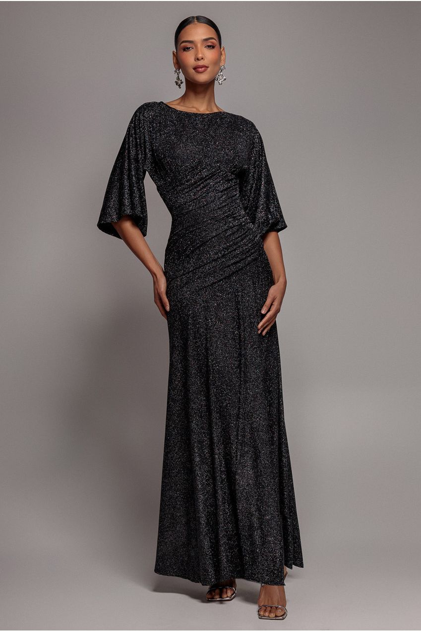 Lurex Kimono Sleeve Gathered Waist Maxi Dress - Black DR5196
