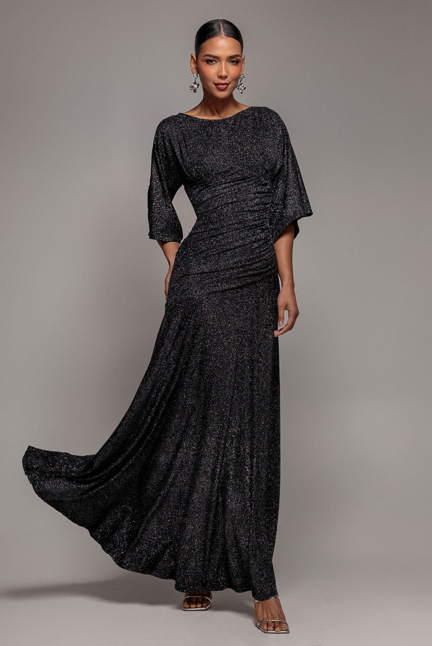 Lurex Kimono Sleeve Gathered Waist Maxi Dress - Black | Goddiva Lurex Kimono Sleeve Gathered Waist Maxi Dress - Black | Goddiva