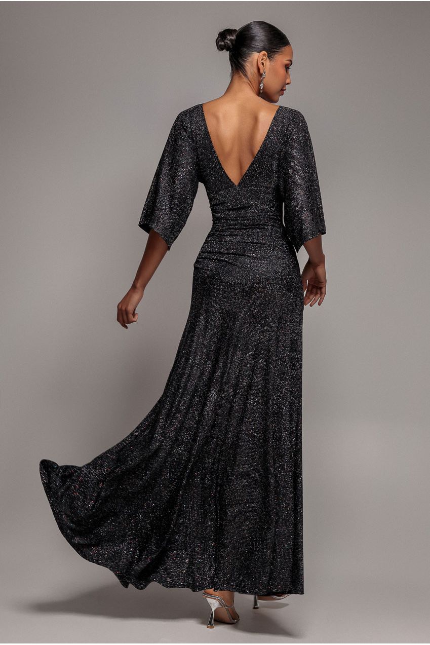 Lurex Kimono Sleeve Gathered Waist Maxi Dress - Black DR5196
