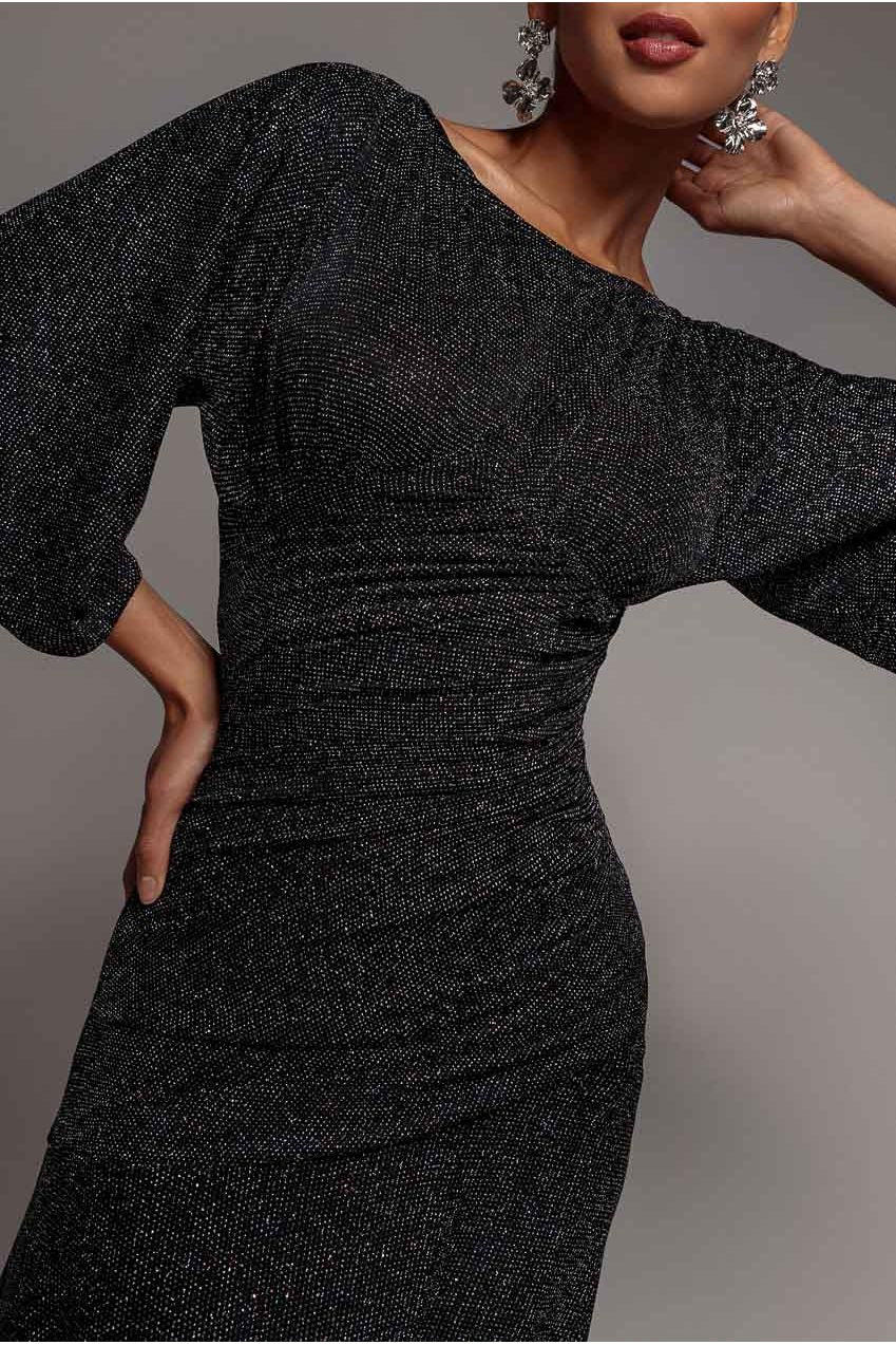 Lurex Kimono Sleeve Gathered Waist Maxi Dress - Black DR5196