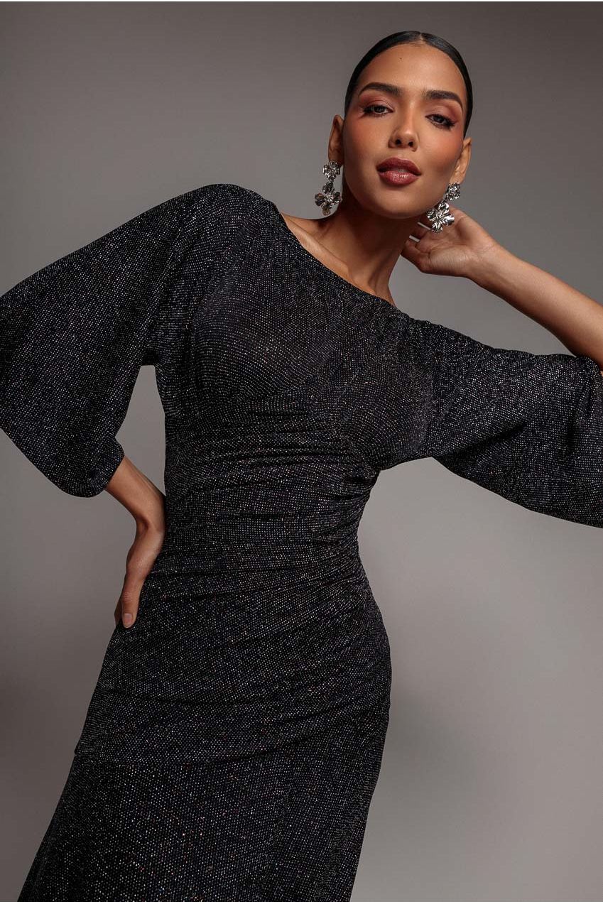 Lurex Kimono Sleeve Gathered Waist Maxi Dress - Black DR5196