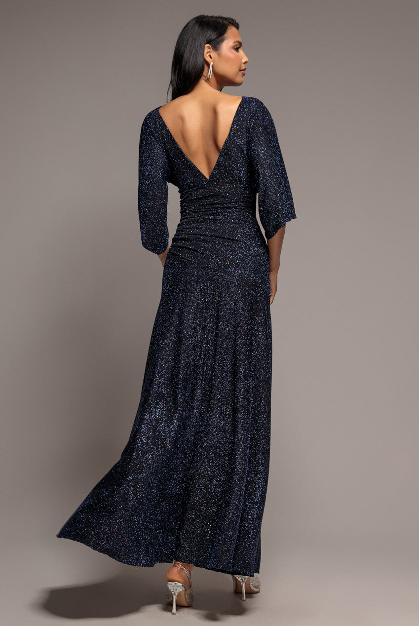 Lurex Kimono Sleeve Gathered Waist Maxi Dress - Navy Blue DR5196