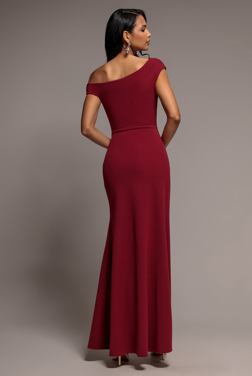 Asymmetric One Shoulder Front Split Scuba Crepe Maxi Dress - Burgundy DR5200