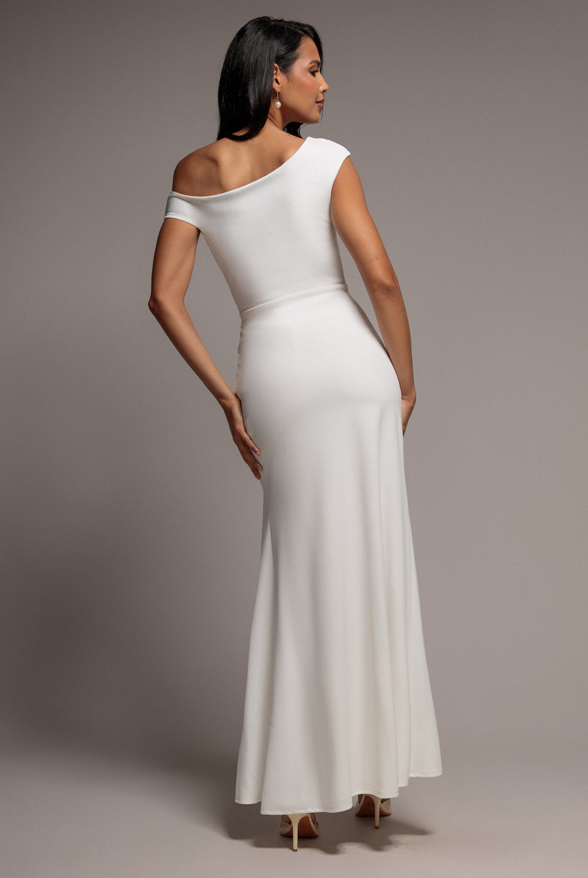 Asymmetric One Shoulder Front Split Scuba Crepe Maxi Dress - White DR5200