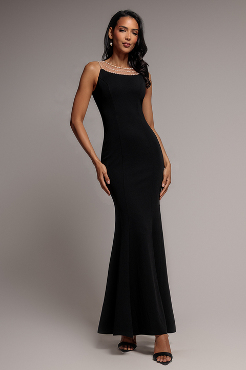 Diamante Pearl Neck Scuba Crepe Sleeveless Maxi Dress - Black by Goddiva