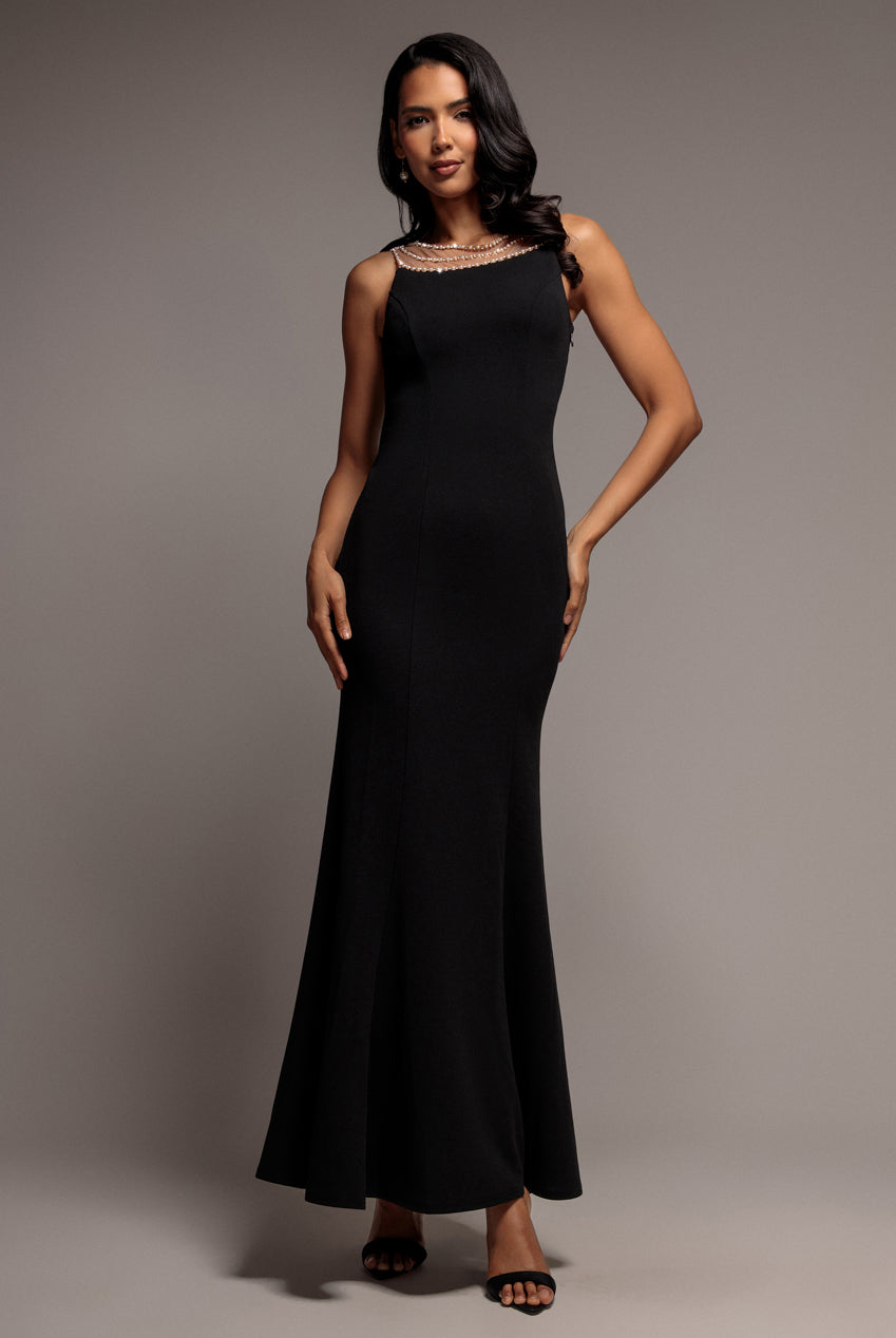 Diamante Pearl Neck Scuba Crepe Sleeveless Maxi Dress - Black DR5210