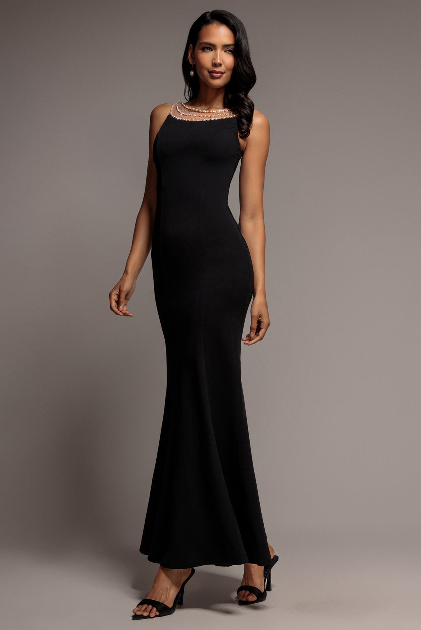 Diamante Pearl Neck Scuba Crepe Sleeveless Maxi Dress - Black DR5210