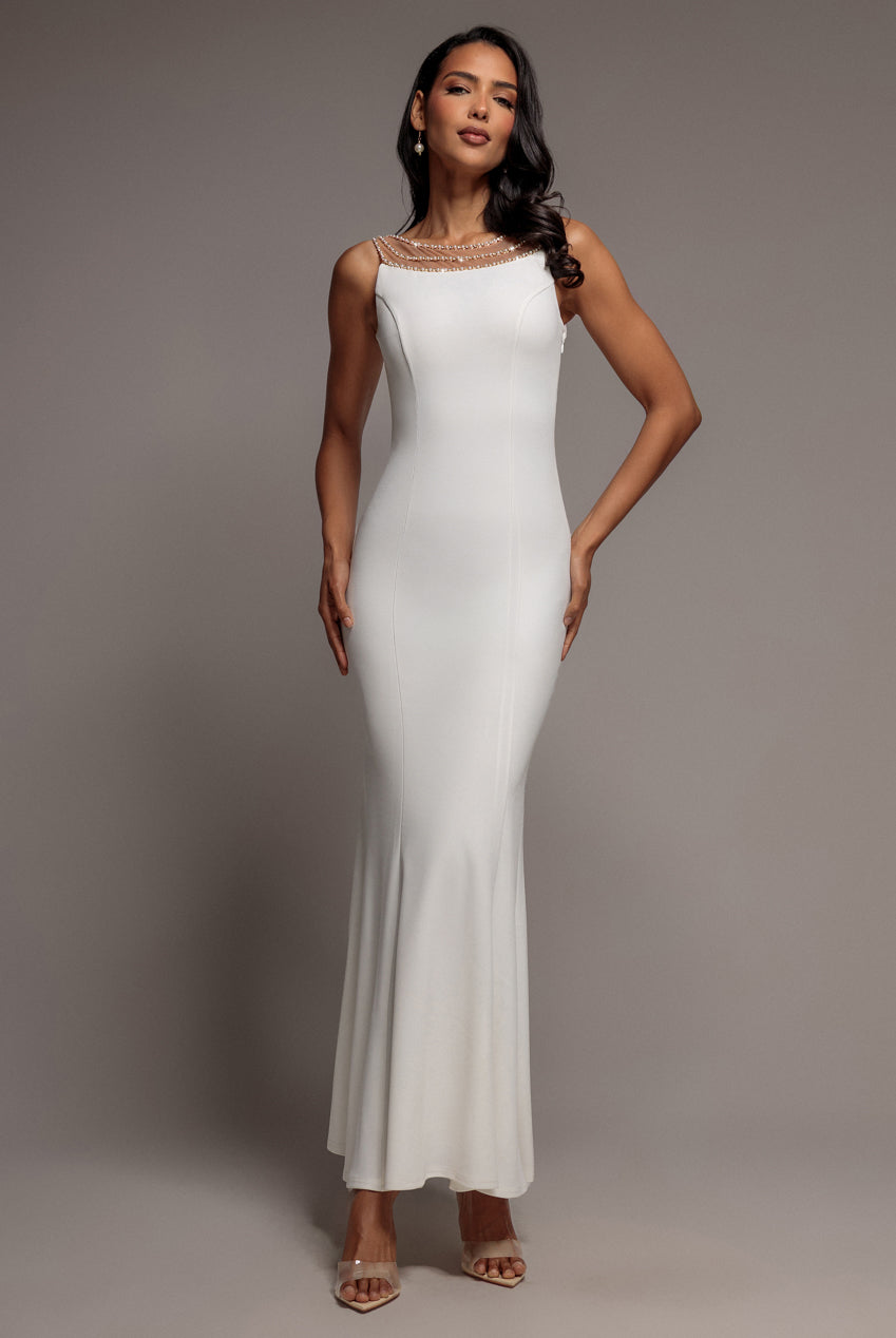 Diamante Pearl Neck Scuba Crepe Sleeveless Maxi Dress - White DR5210