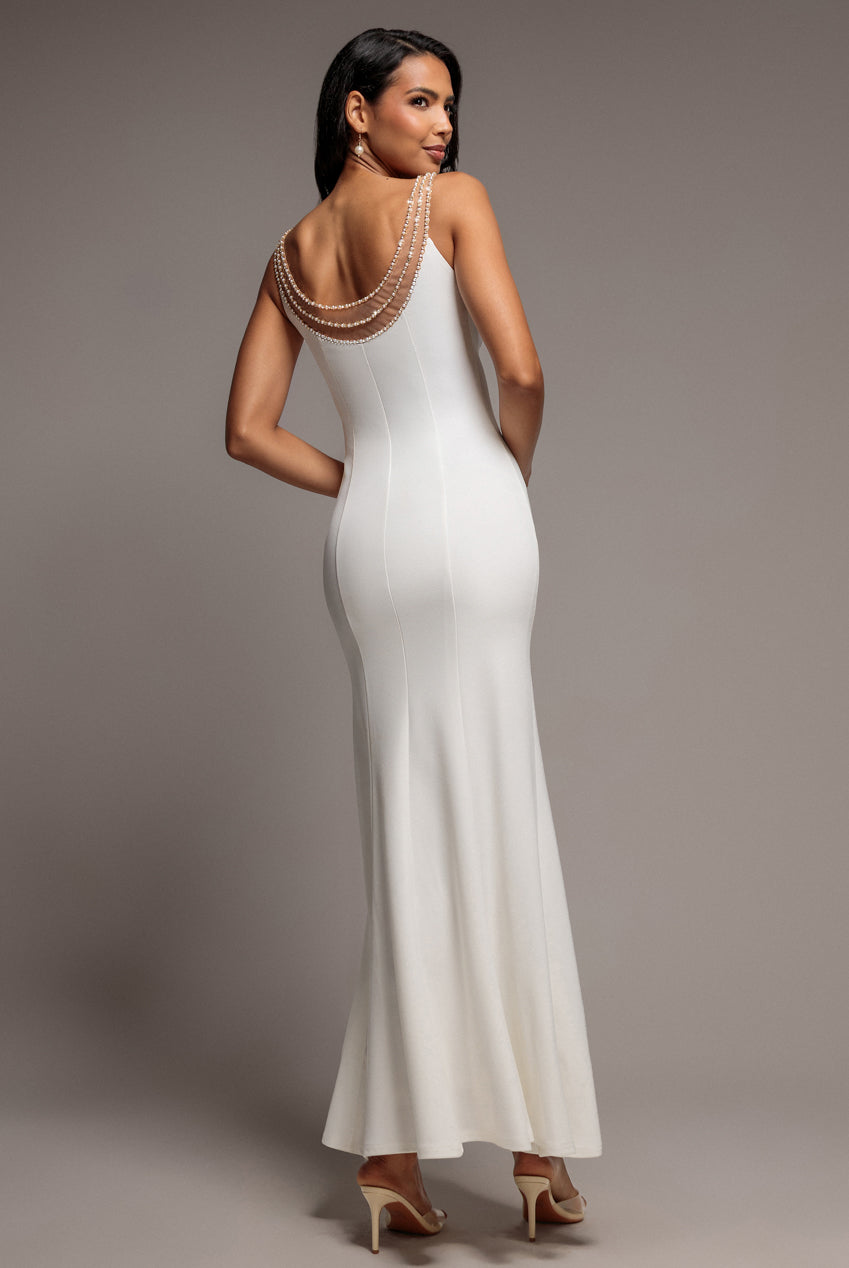 Diamante Pearl Neck Scuba Crepe Sleeveless Maxi Dress - White DR5210