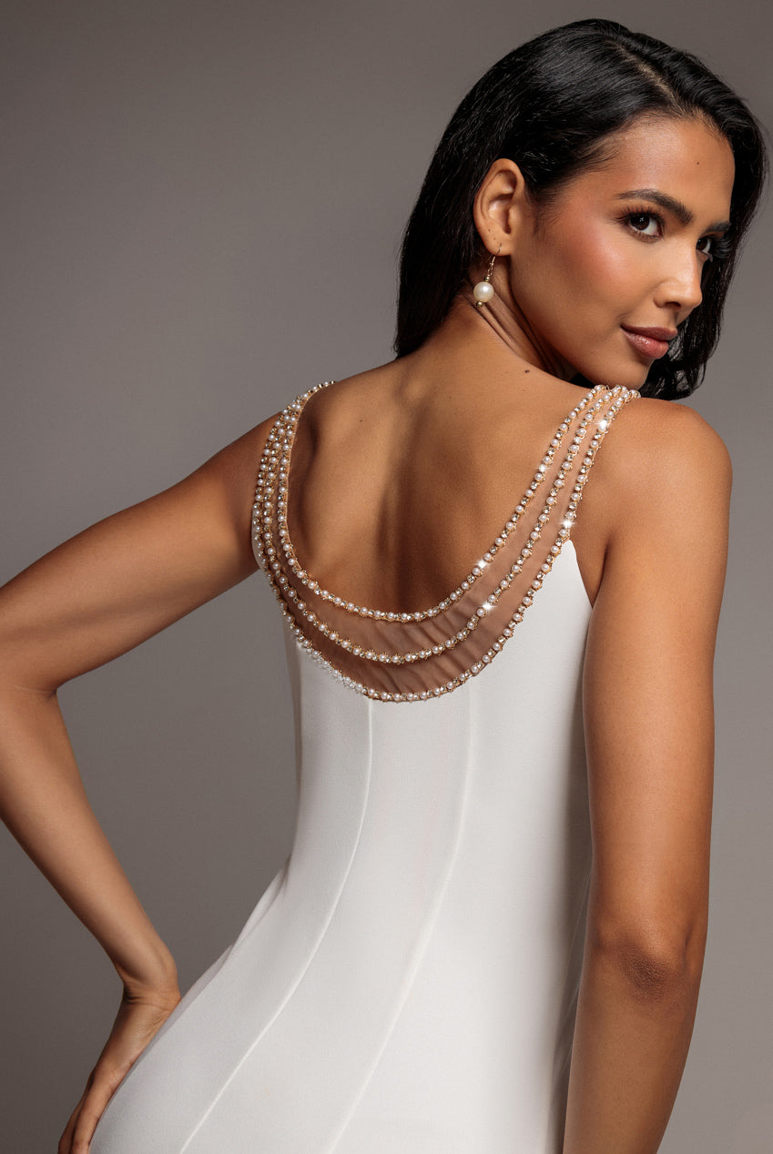 Diamante Pearl Neck Scuba Crepe Sleeveless Maxi Dress - White DR5210
