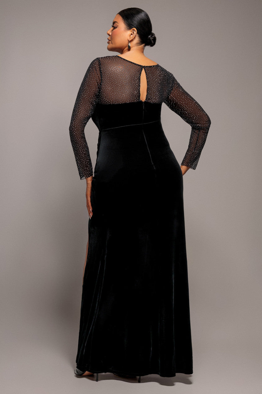 Diamante Sleeves Illusion Neck Front Wrap Velvet Maxi Dress - Black DR5221PLUS