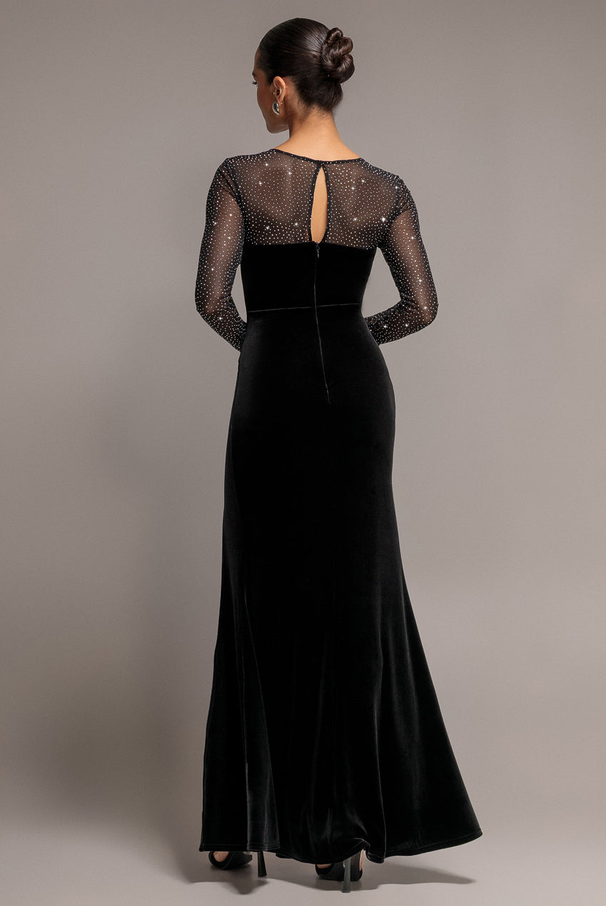 Diamante Sleeves Illusion Neck Front Wrap Velvet Maxi Dress - Black DR5221