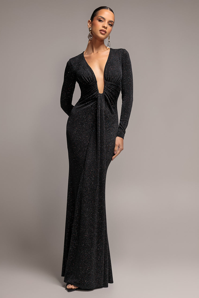 Plunge Neck Long Sleeve Front Draped Lurex Maxi Dress - Black DR5231