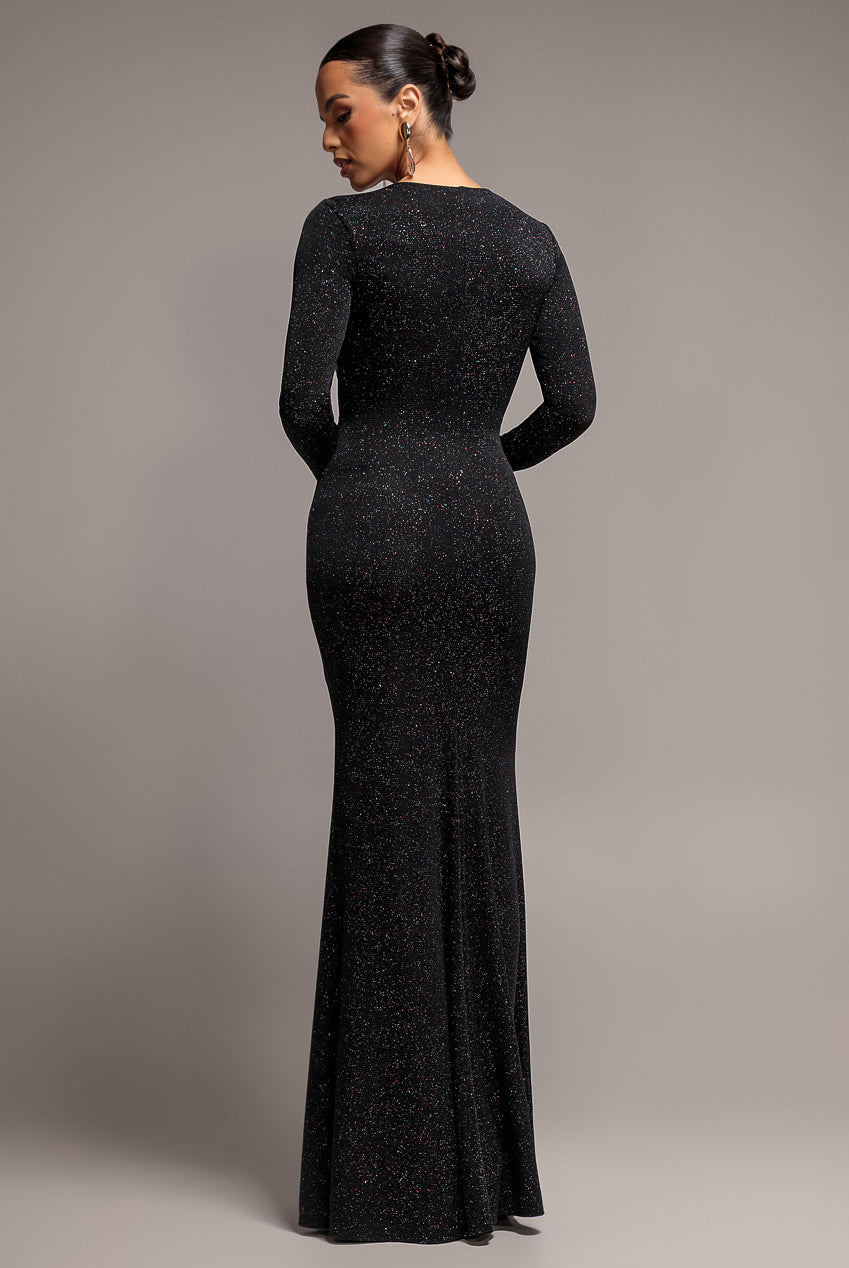 Plunge Neck Long Sleeve Front Draped Lurex Maxi Dress - Black DR5231
