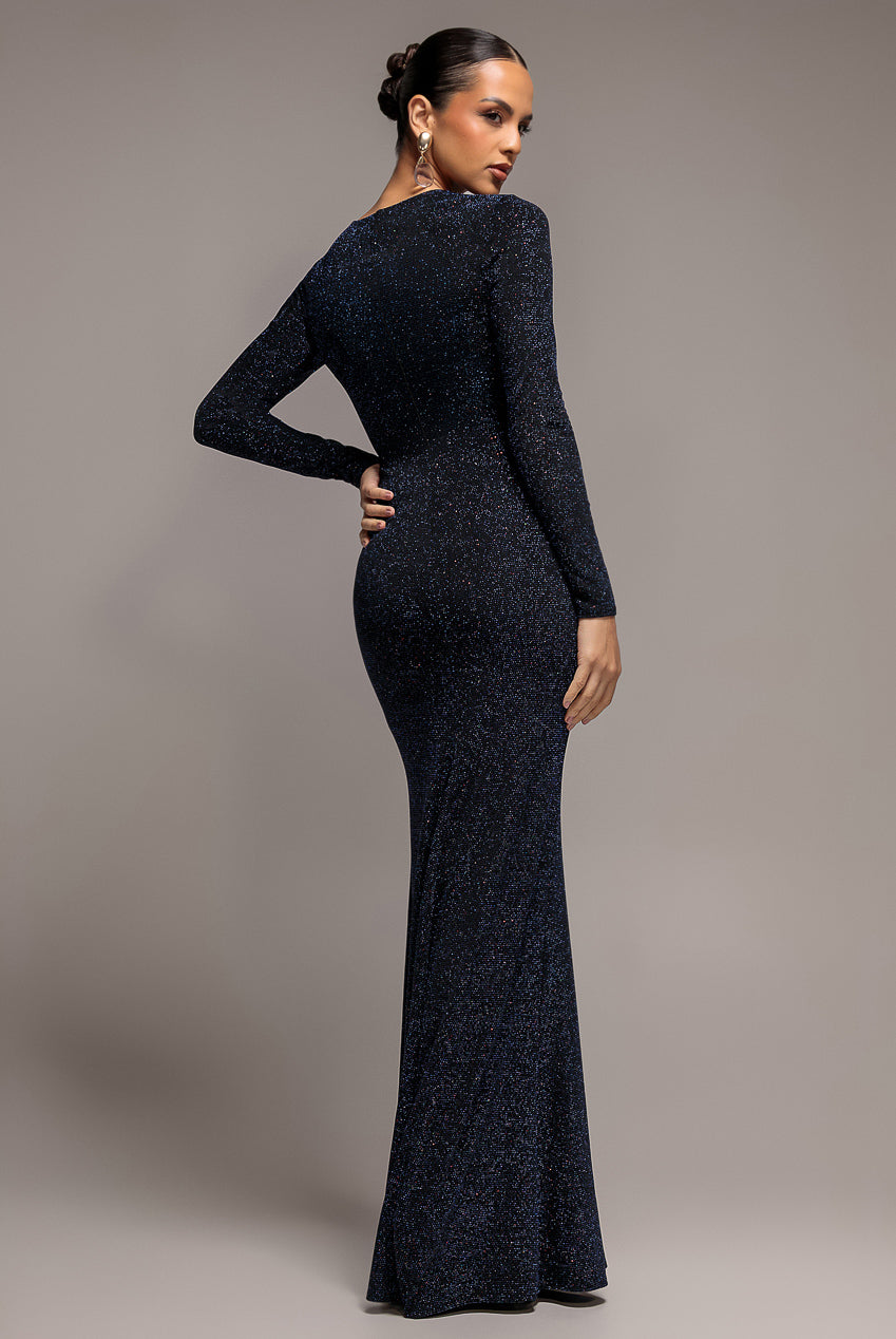 Plunge Neck Long Sleeve Front Draped Lurex Maxi Dress - Navy Blue DR5231