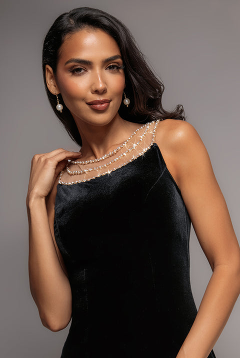 Pearl Diamante Neck Velvet Maxi Dress - Black by Goddiva
