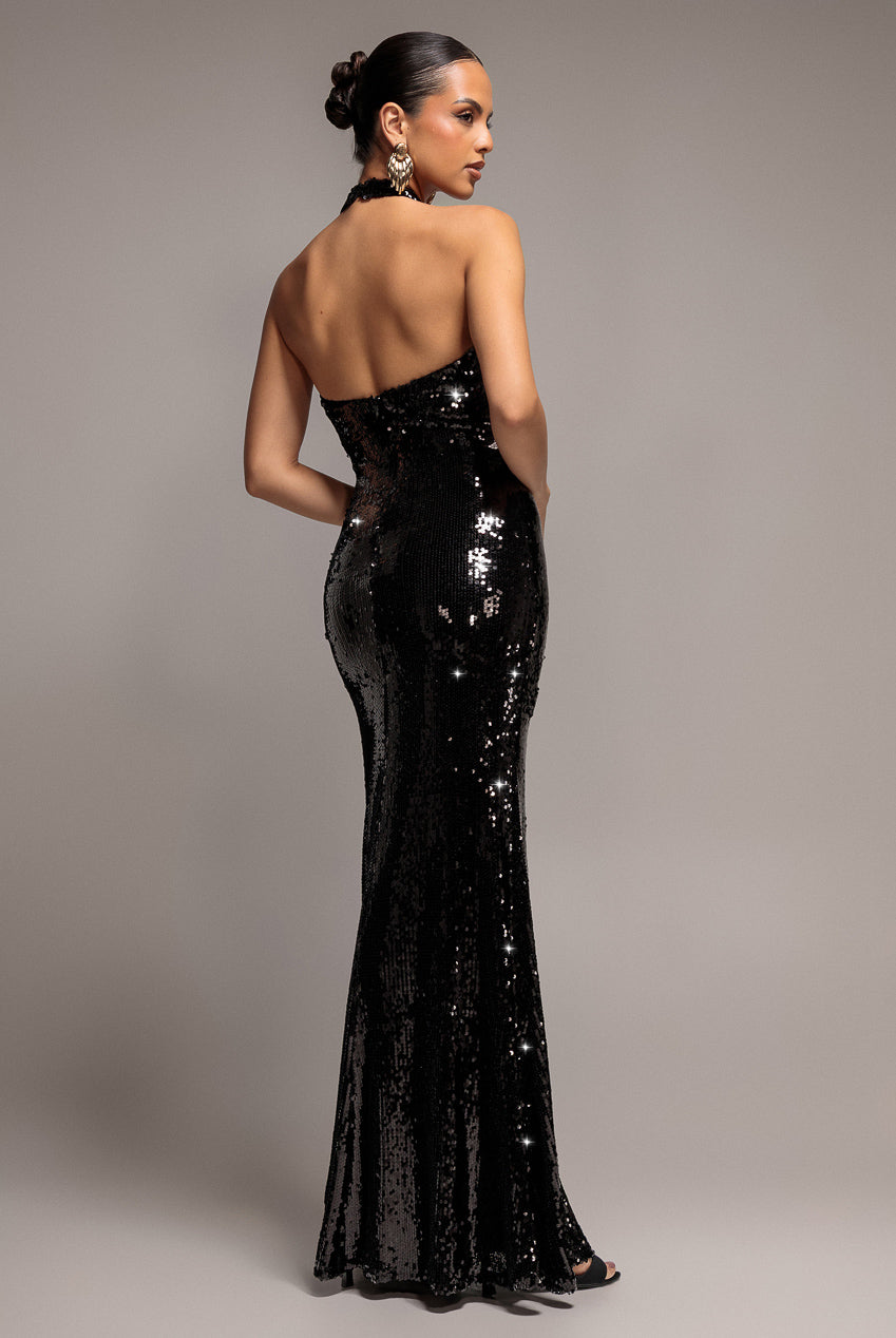 Sequin Open Back Halter Neck Maxi Dress - Black DR5237