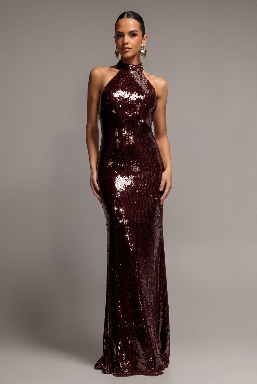 Sequin Open Back Halter Neck Maxi Dress - Burgundy DR5237