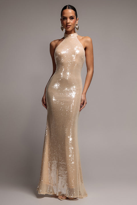 Sequin Open Back Halter Neck Maxi Dress - Nude by Goddiva
