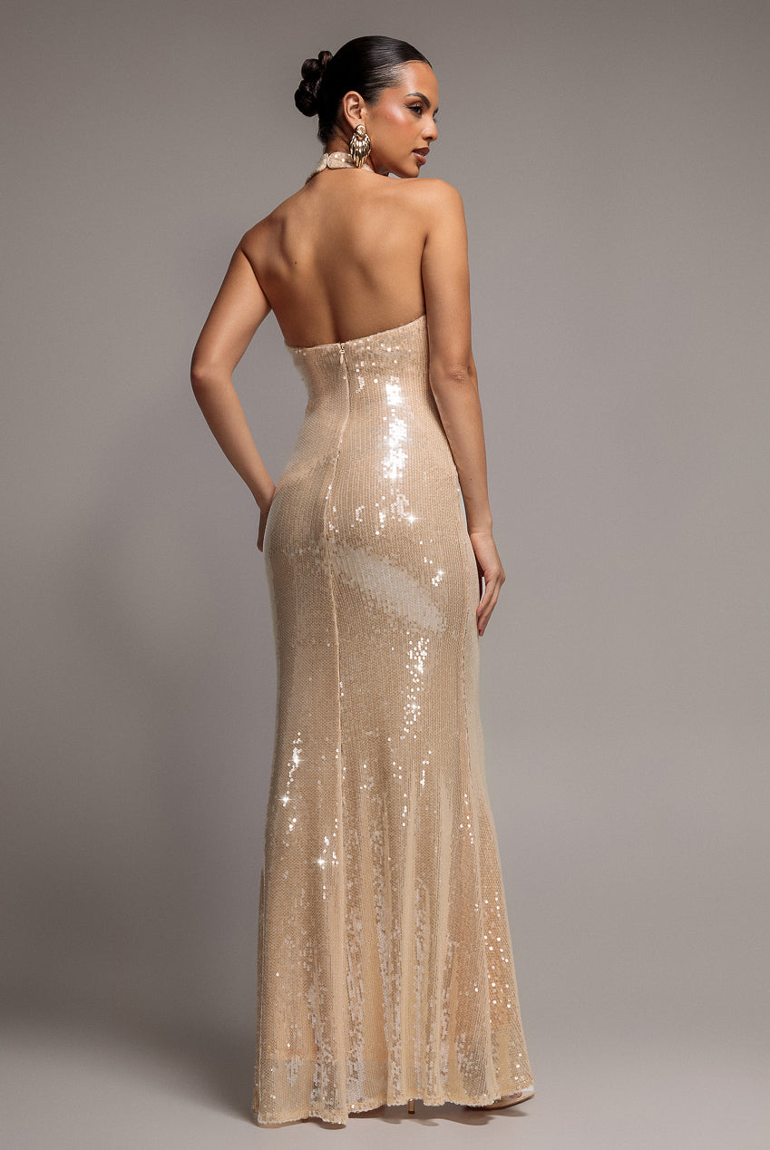 Sequin Open Back Halter Neck Maxi Dress - Nude DR5237