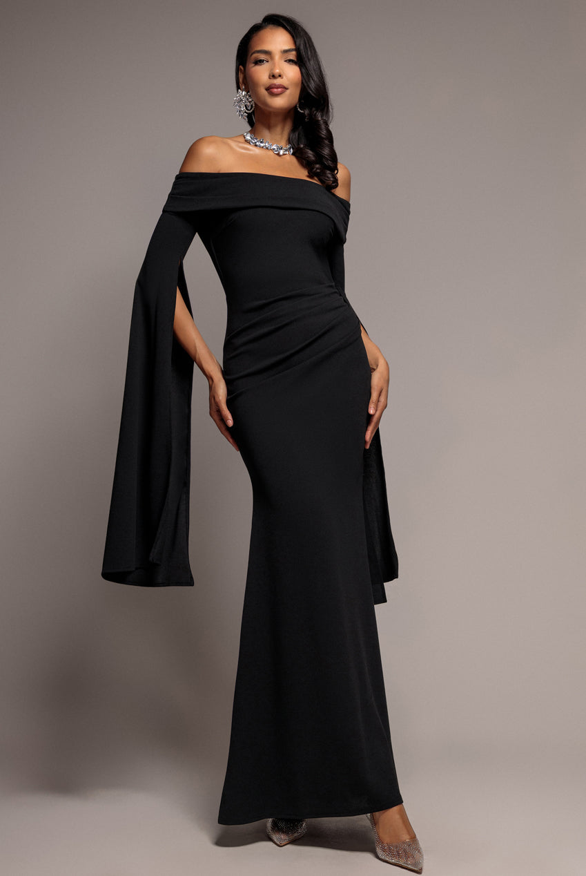 Off Shoulder Bardot Maxi Dress With Split Cape Sleeves - Black DR5254