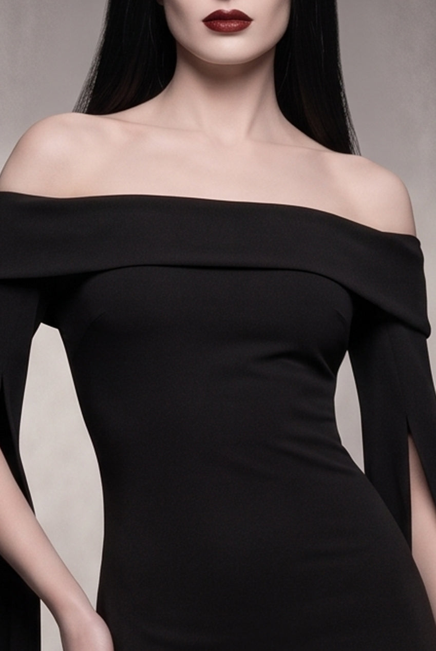 Long Cape Sleeve Maxi Morticia Addams -Inspired Halloween Costume - Black DR5254-HAL
