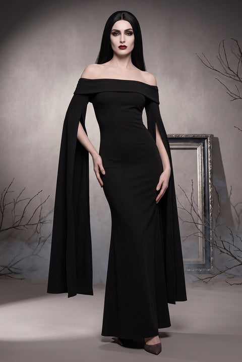 Long Cape Sleeve Maxi Morticia Addams -Inspired Halloween Costume - Black by Goddiva