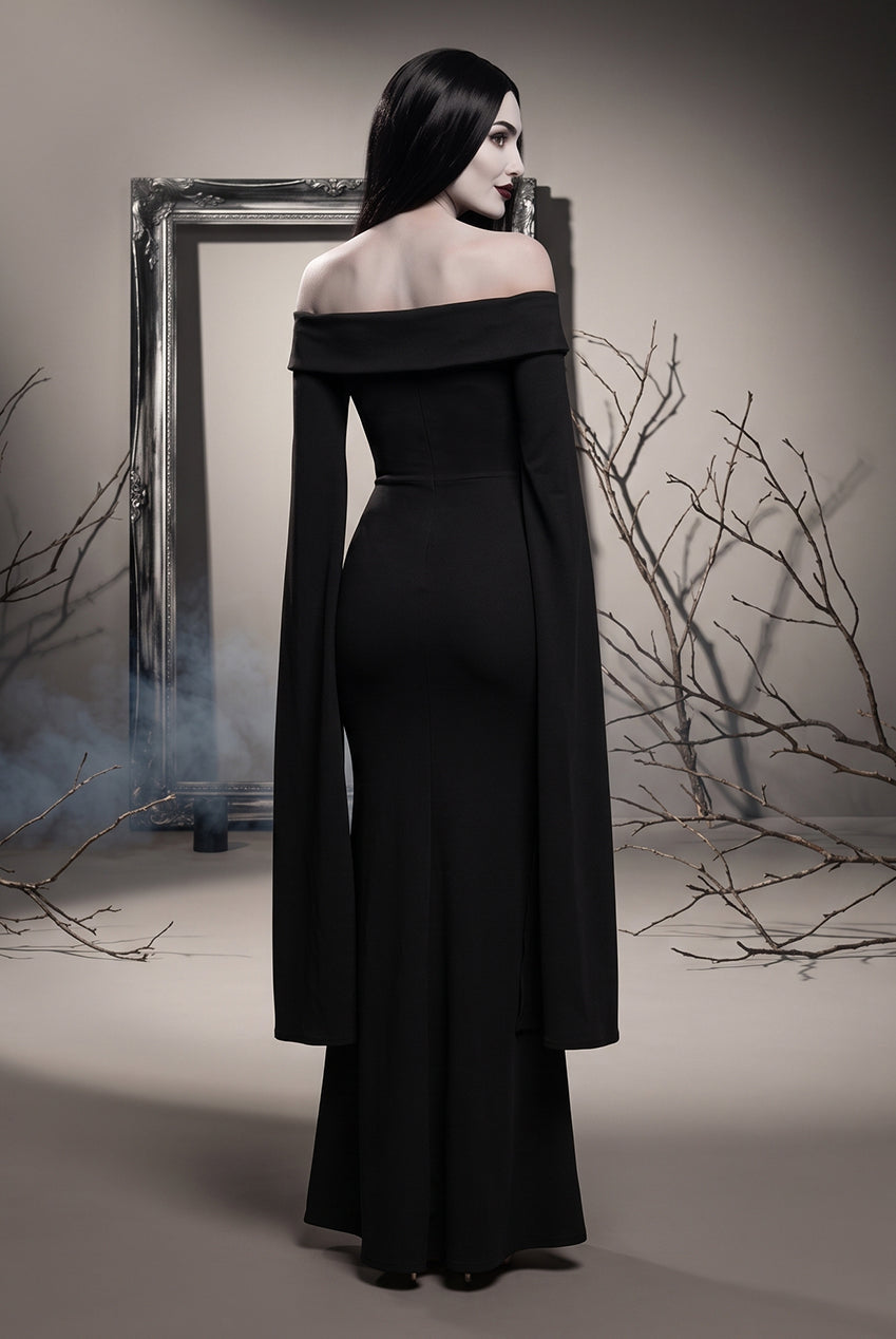 Long Cape Sleeve Maxi Morticia Addams -Inspired Halloween Costume - Black DR5254-HAL