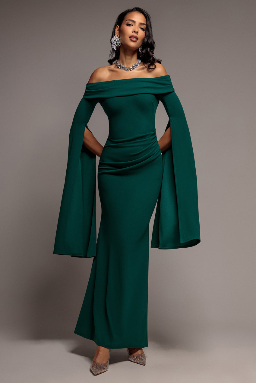 Off Shoulder Bardot Maxi Dress With Split Cape Sleeves - Emerald Green DR5254