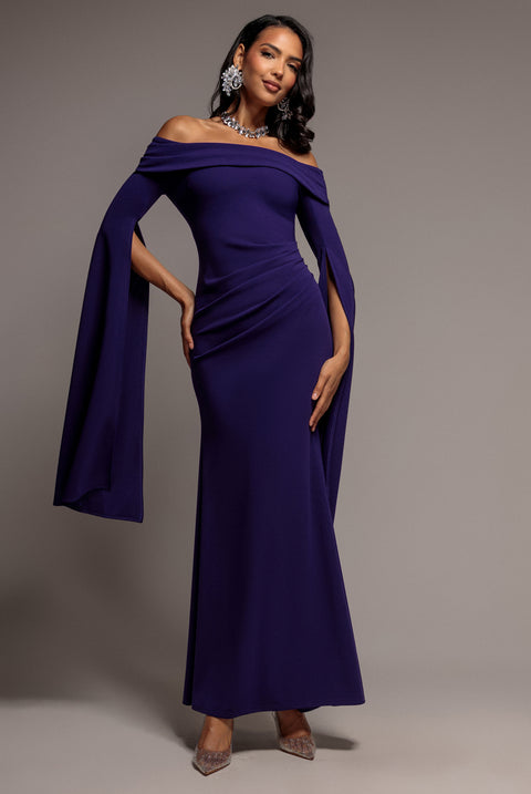 Off Shoulder Bardot Maxi Dress With Split Cape Sleeves - Deep Purple by Goddiva
