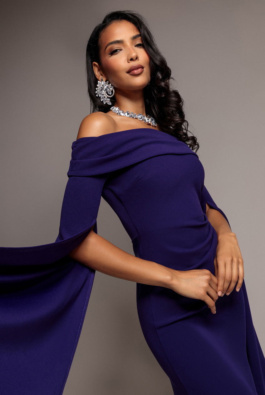 Off Shoulder Bardot Maxi Dress With Split Cape Sleeves - Deep Purple DR5254