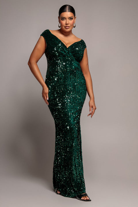 Wrap Velvet Sequin Maxi Dress - Emerald Green by Goddiva Plus