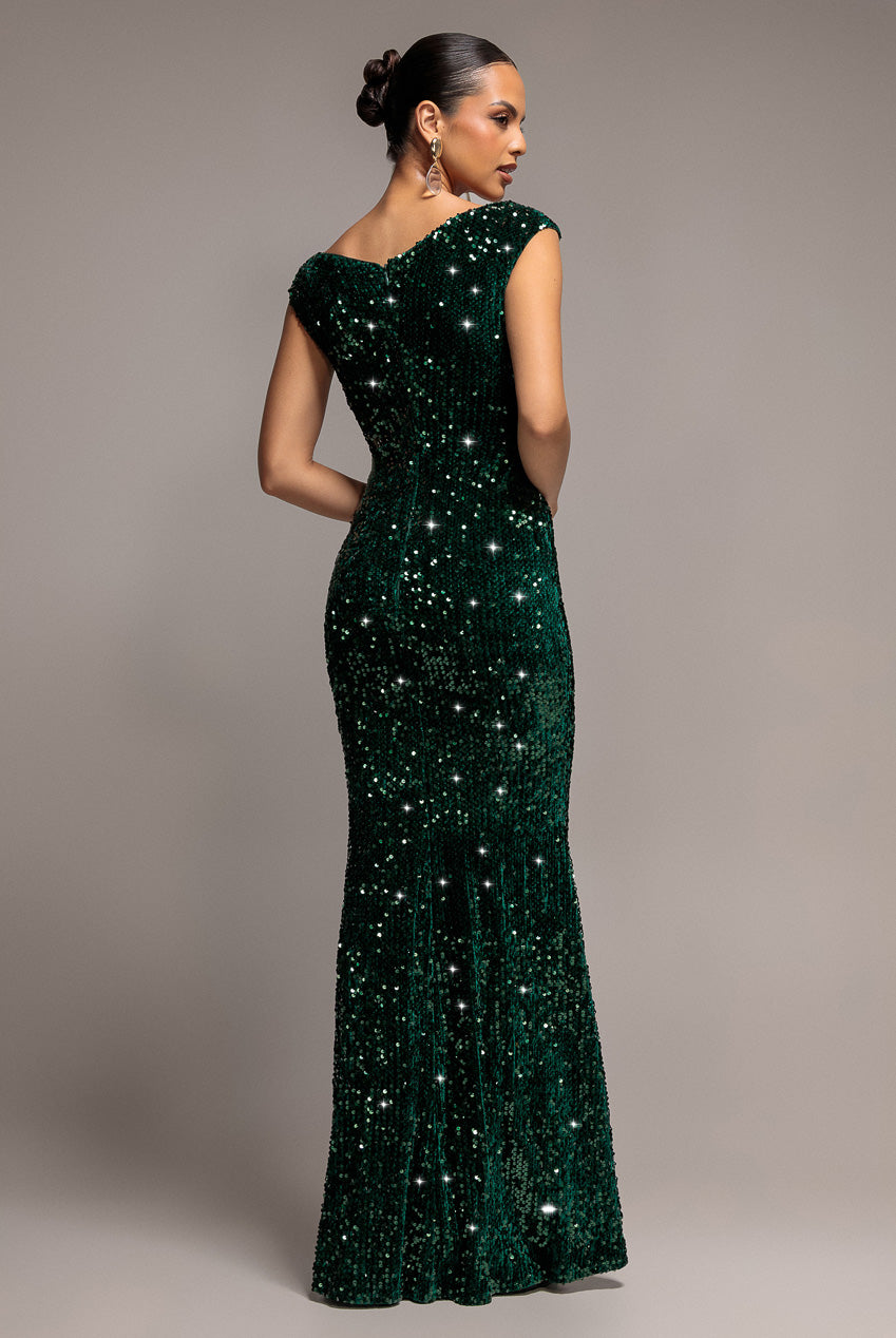 Sequin & Velvet Off The Shoulder Wrap Maxi Dress - Emerald Green DR5256
